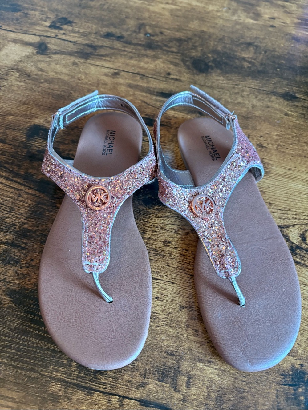 Michael Kors Rose Glitter T-Strap Sandals with MK Medallion